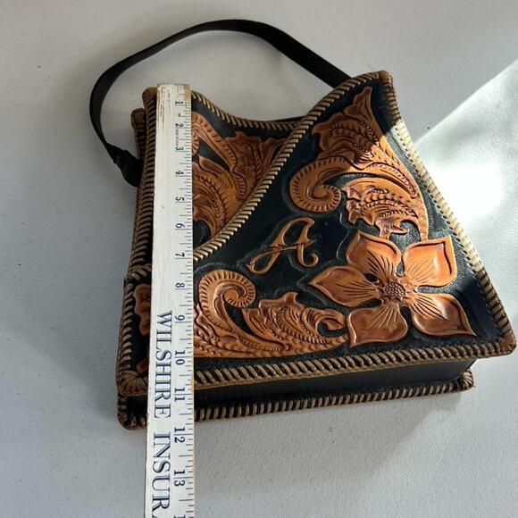 Vintage Handbag Handmade Black & Brown Leather Hand Tooled Floral - Picture 13 of 16